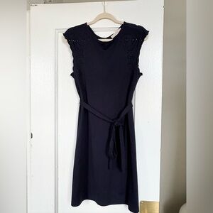LOFT Dark Blue Midi Dress with Eyelet Lace Detail Tie Waist size small